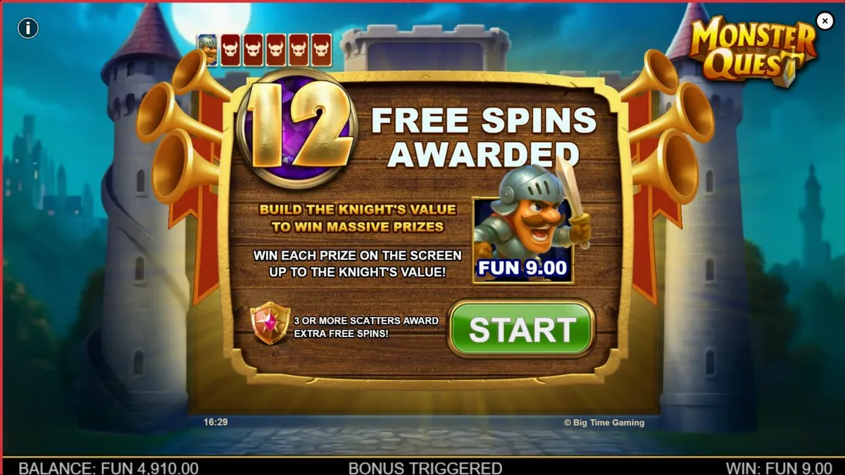 Ksatria bertarung melawan naga dalam slot Monster Quest dengan latar belakang kastil abad pertengahan.